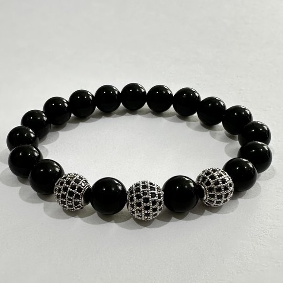 Hand Crafted Jewelry - 10mm Black Onyx with Black Crystal Ball Stretch Bracelet - Protection, Energy